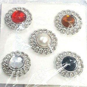 Multi Color 5 Pin Set Red Amber Black Crystal Pearl Round Lapel Pins